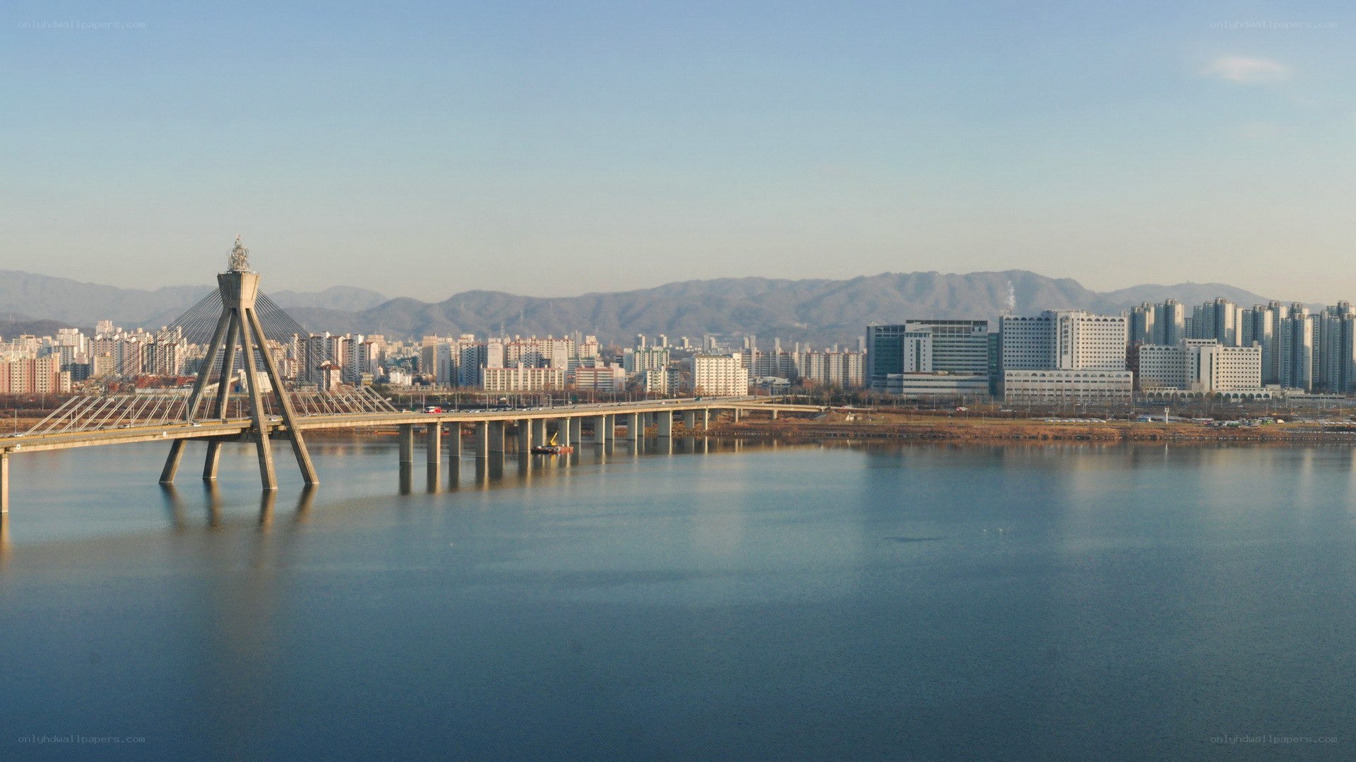 Bridge over river with city skyline