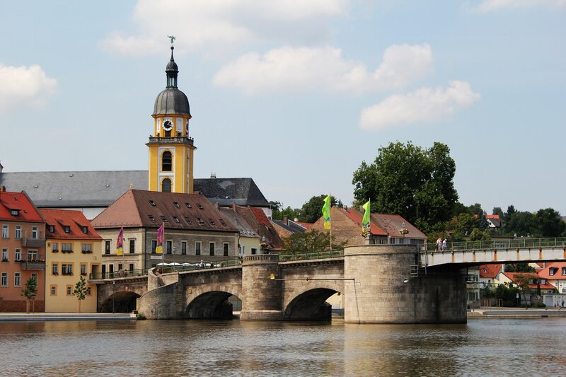 Bridge over river with clock tower