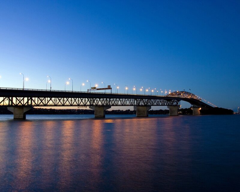 Bridge over Water at Dusk — Blue, Serene, Night, Photograph, Lights, Sky, Black