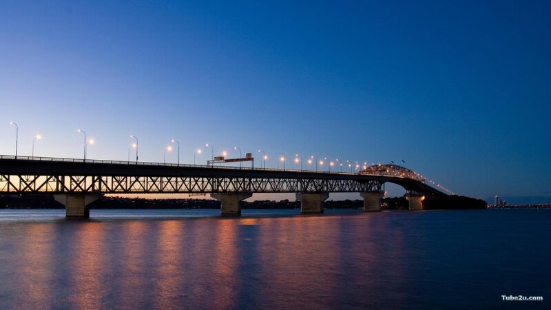 Bridge over Water at Dusk — Blue, Serene, Night, Photograph, Lights, Sky, Orange
