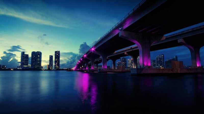 Bridge over Water at Dusk — Purple, Dramatic, Night, Photograph