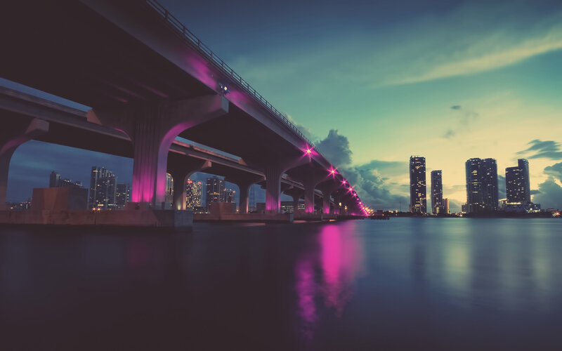 Bridge over Water at Dusk — Purple, Dramatic