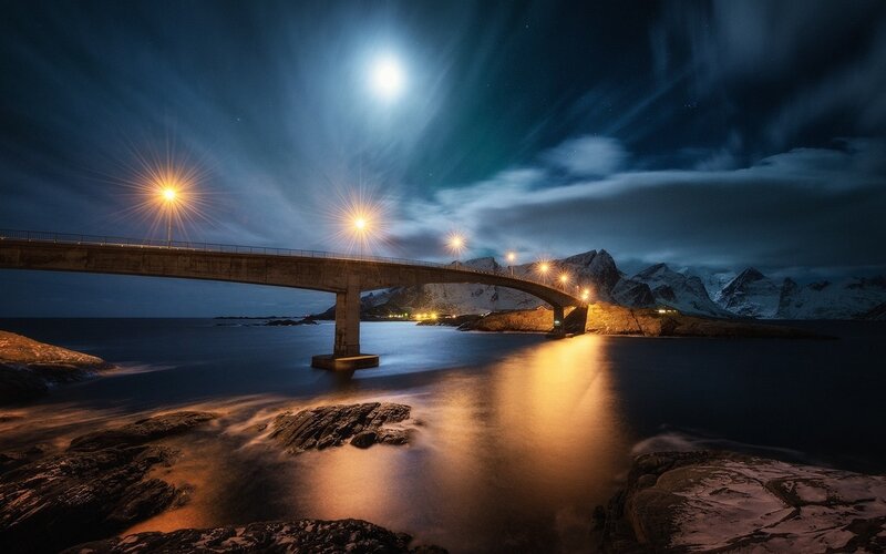 Bridge over Water at Night — Blue, Dramatic, Photograph, Mountains
