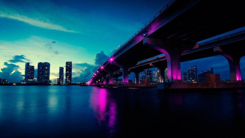 Bridge over Water at Night — Blue, Dramatic, Photograph