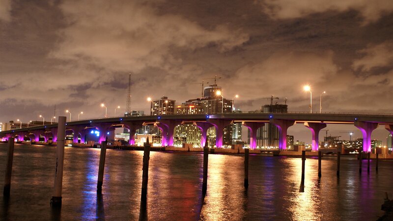Bridge over Water at Night — Purple, Dramatic, Photograph