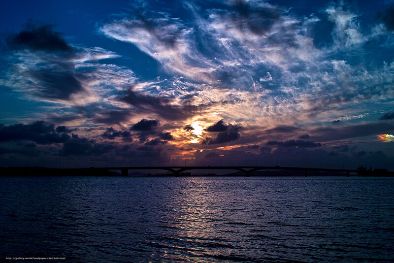 Bridge over Water at Sunset — Blue, Dramatic, Photograph, Sky, Clouds, Sun
