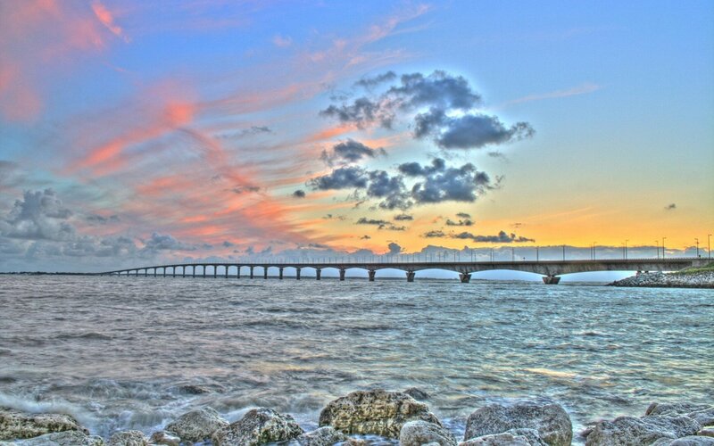 Bridge over Water at Sunset — Blue, Dramatic, Photograph, Sky