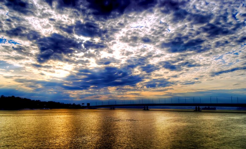 Bridge over Water at Sunset — Blue, Dramatic, Photograph