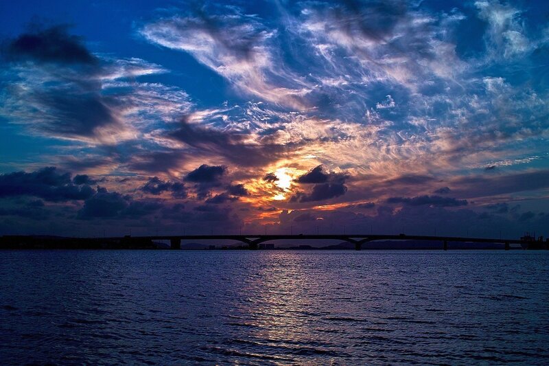 Bridge over Water at Sunset — Blue, Dramatic