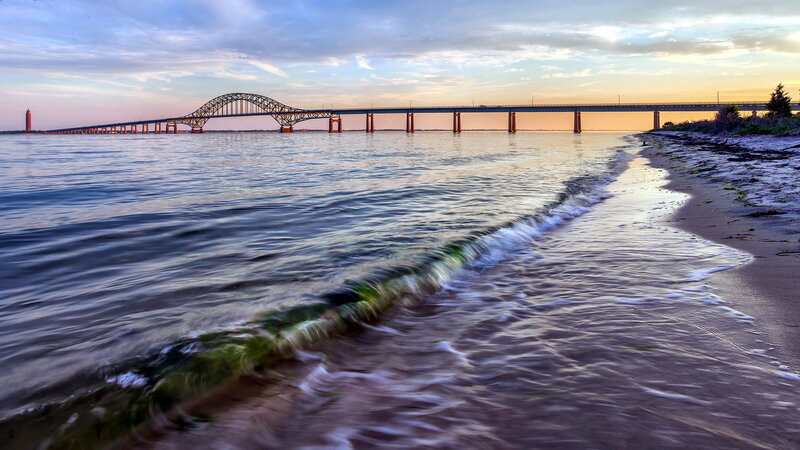 Bridge over Water at Sunset — Blue, Serene