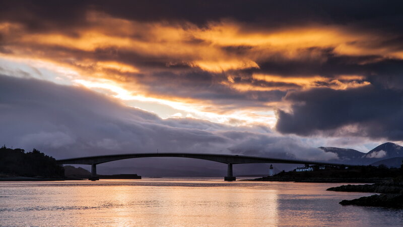 Bridge over Water at Sunset — Orange, Dramatic, Photograph