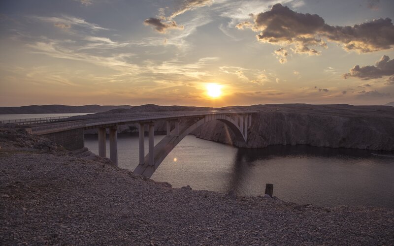 Bridge over Water at Sunset — Orange, Serene, Photograph