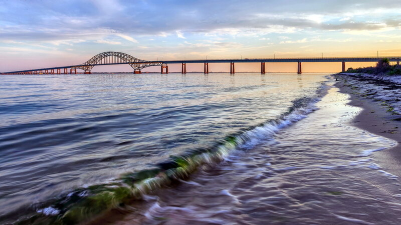 Bridge over Water — Blue, Serene, Sunset
