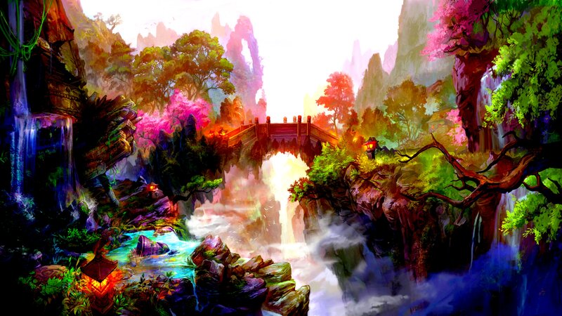 Bridge over Waterfall — Green, Serene, Morning