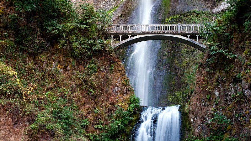 Bridge over Waterfall — Green, Serene, Photograph, Cliff