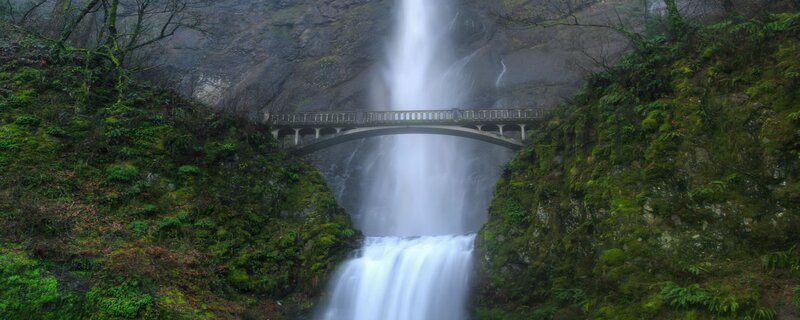 Bridge over Waterfall — Green, Serene, Photograph, Forest