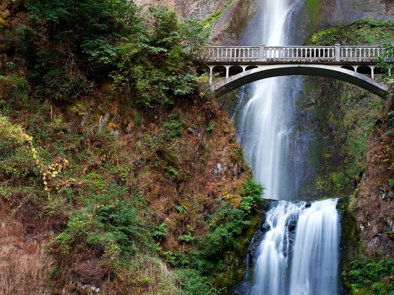 Bridge over Waterfall — Green, Serene, Photograph