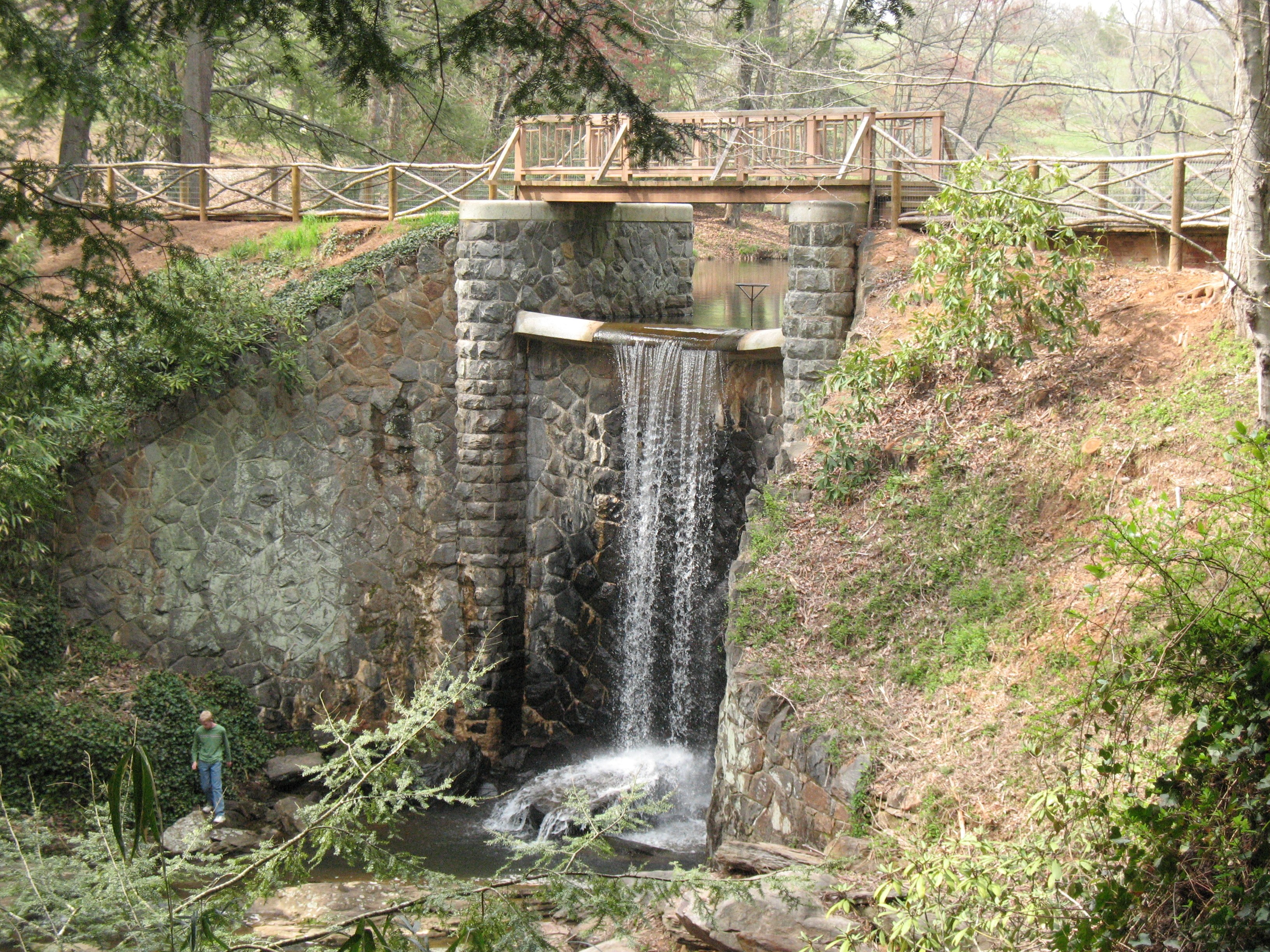 Bridge over waterfall in park