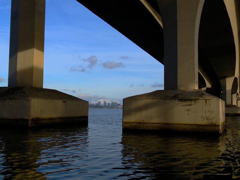 Bridge Pillars and City Skyline