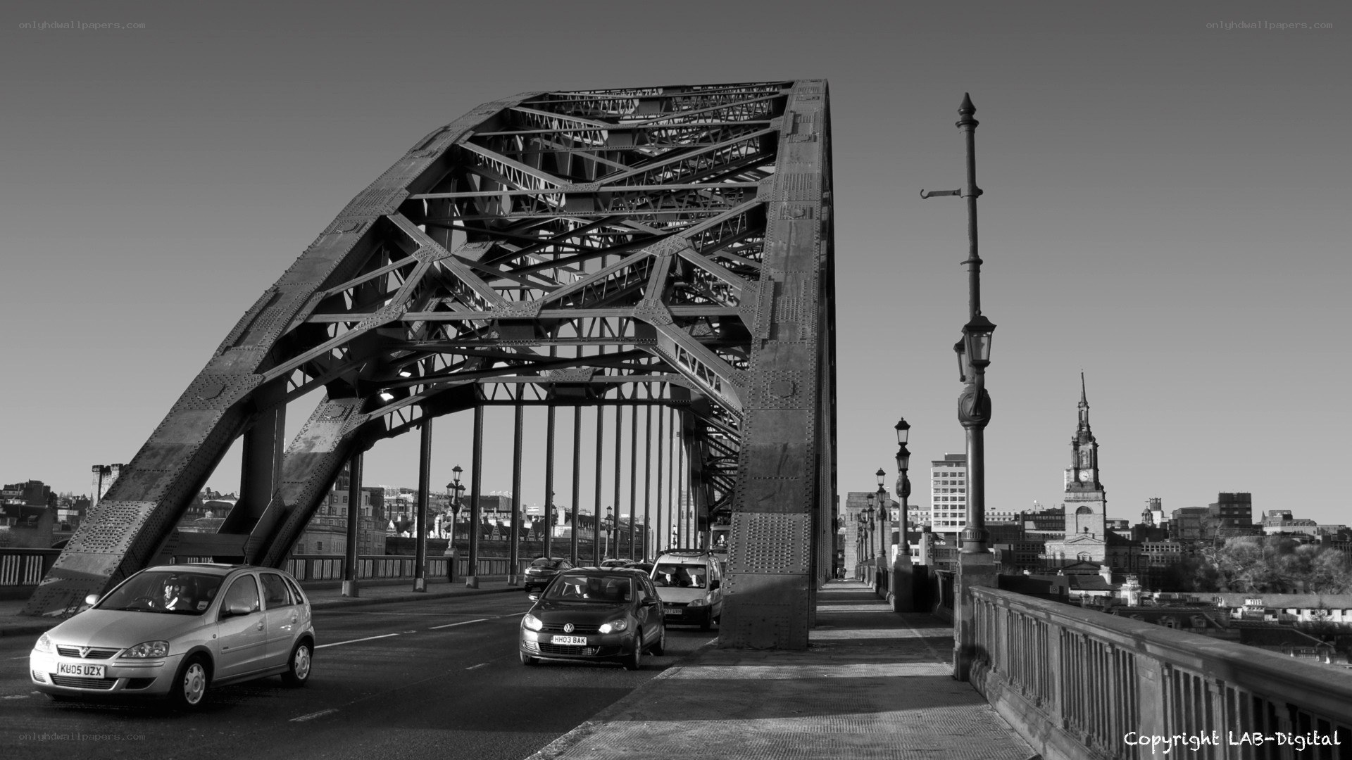 Bridge with city skyline