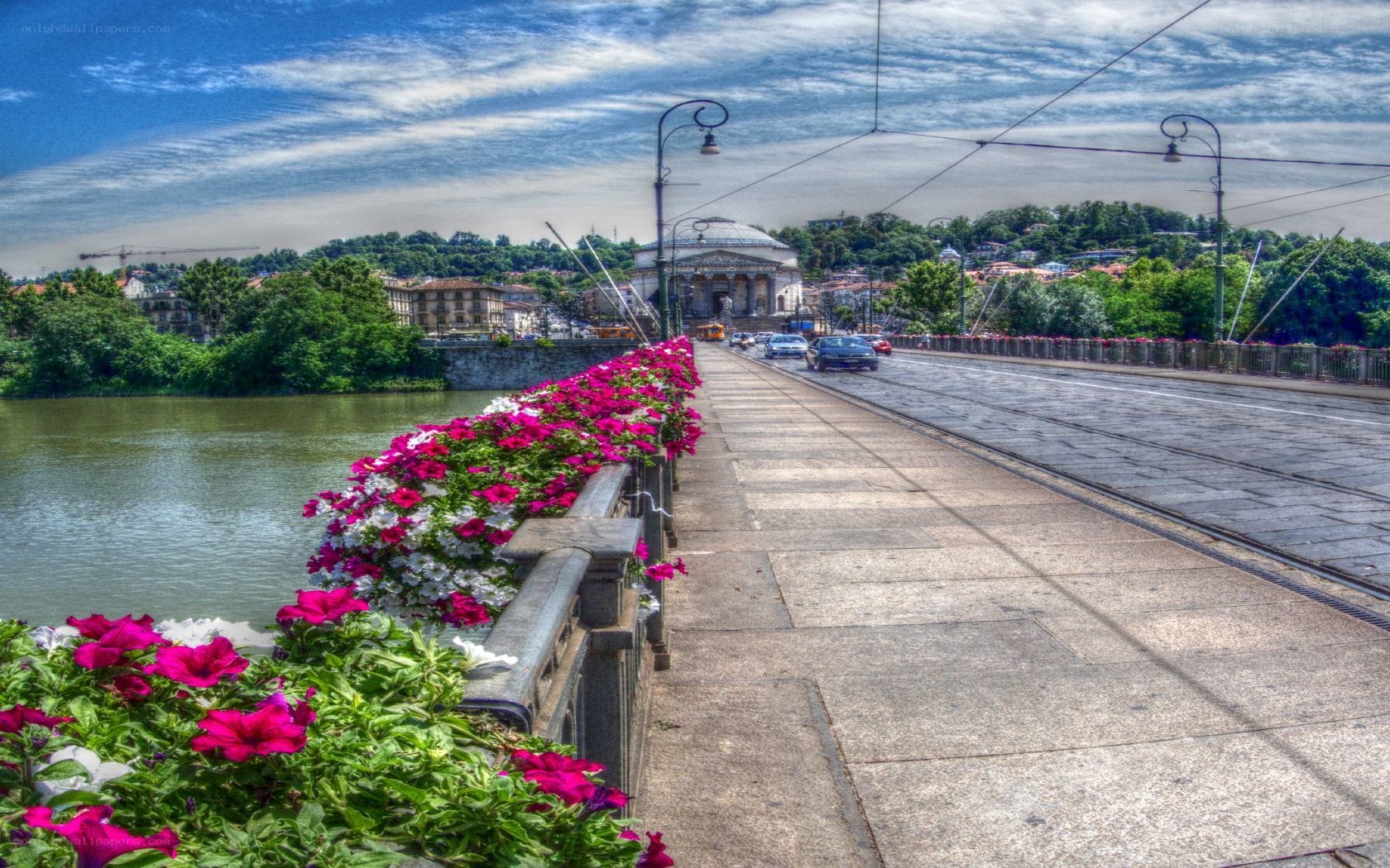 Bridge with flowers and river