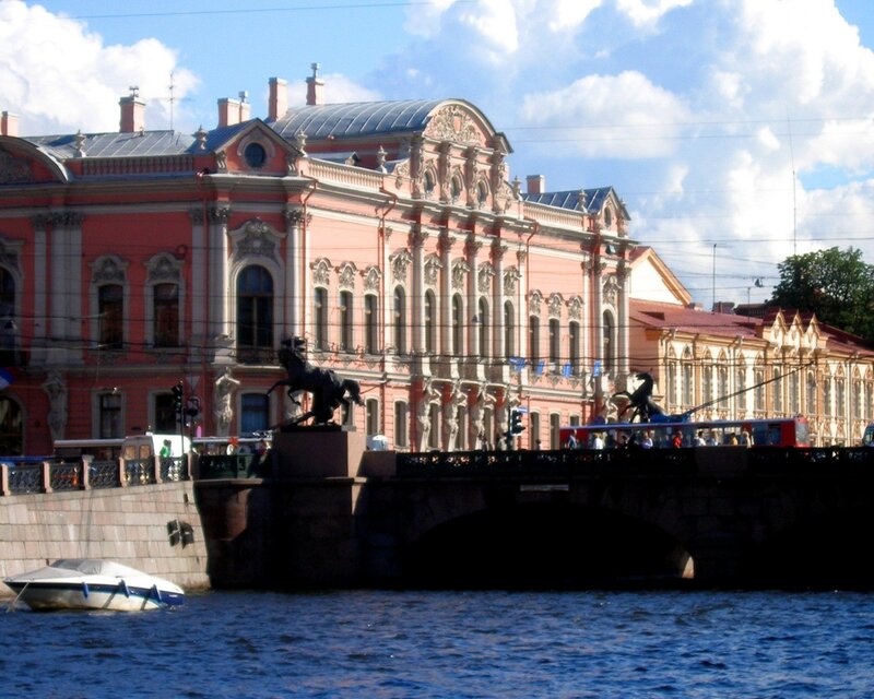Bridge with pink building