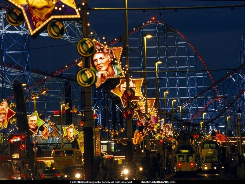 Bright lights at a seaside amusement park