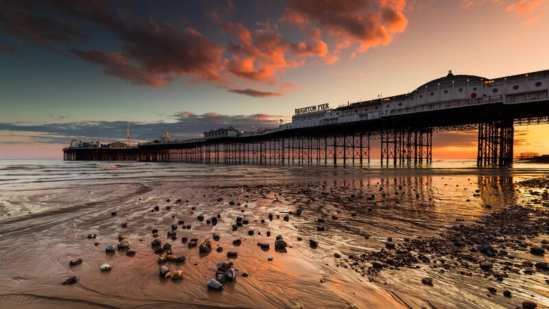 Brighton Pier at Sunset — Orange, Dramatic, Photograph, Beach