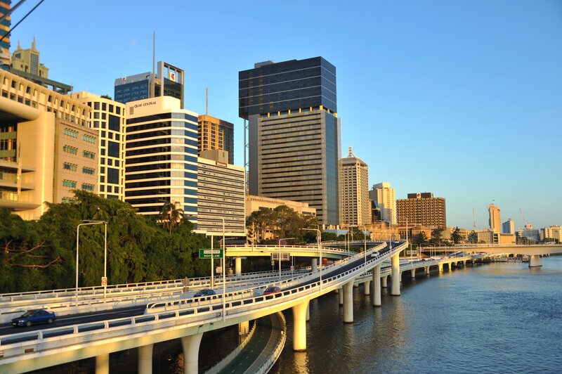 Brisbane city skyline at sunset