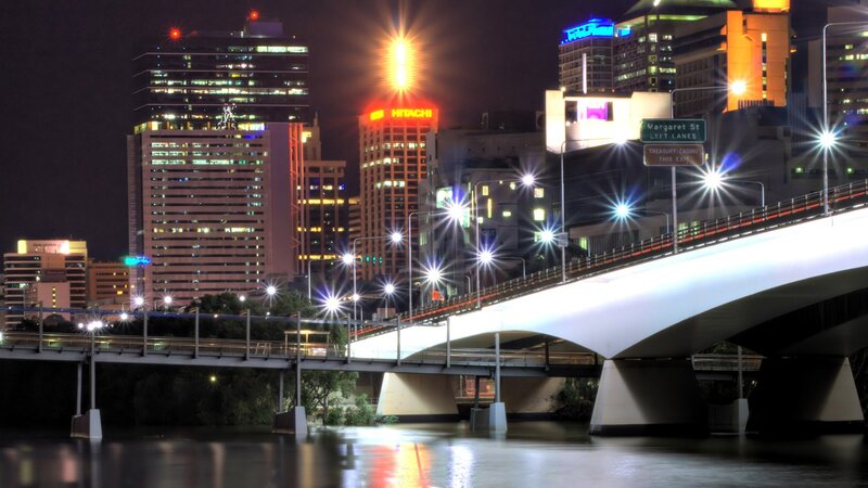 Brisbane City Skyline — Black, Dramatic, Night, Photograph, Bridge, River, Skyscrapers