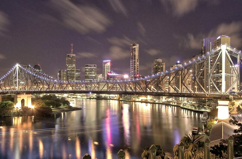 Brisbane City Skyline — Blue, Dramatic, Night, Photograph, Bridge, River