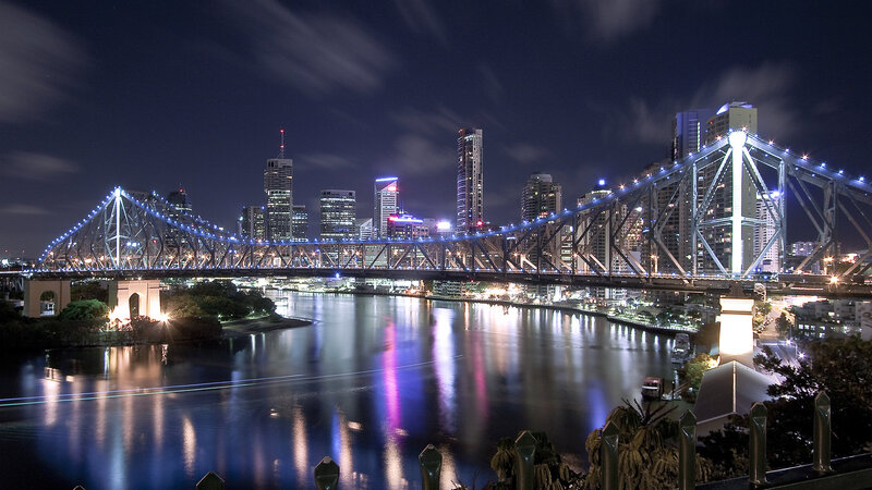 Brisbane City Skyline — Blue, Dramatic, Night, Photograph, Bridge