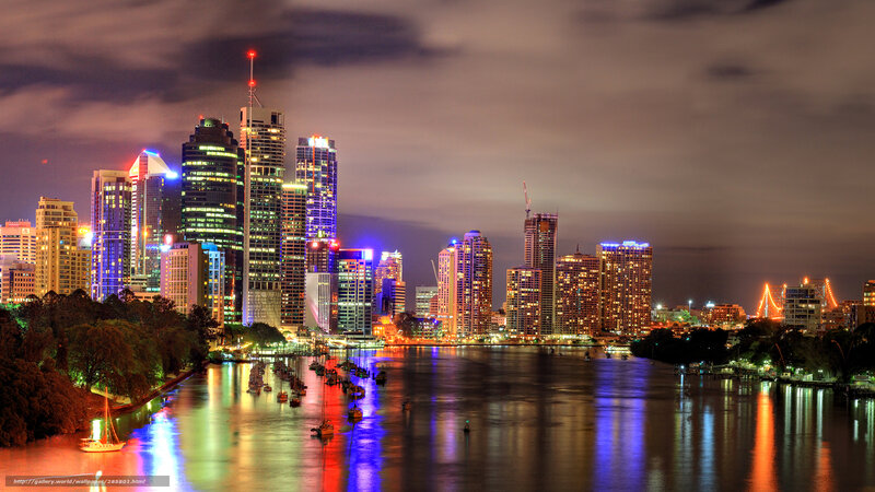 Brisbane City Skyline — Blue, Dramatic, Night, Photograph, River, Skyscrapers