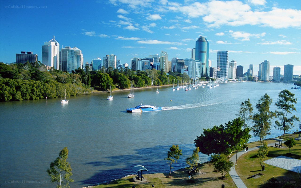 Brisbane city skyline from river
