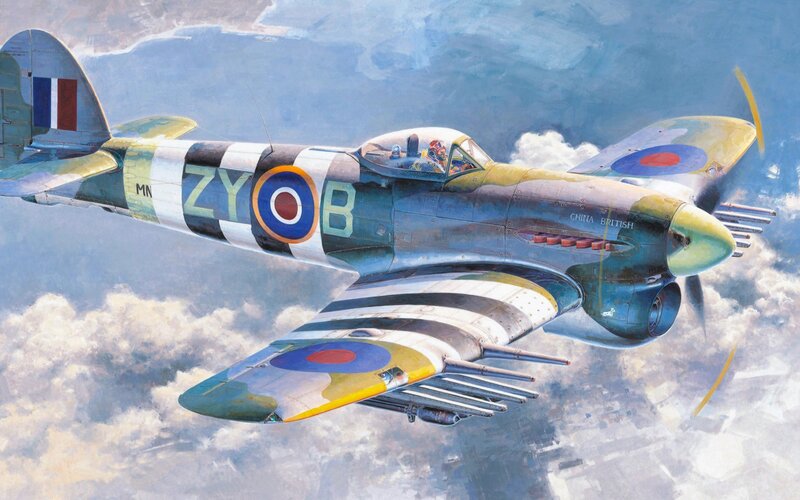 British Fighter Plane — Blue, Dramatic, Illustration