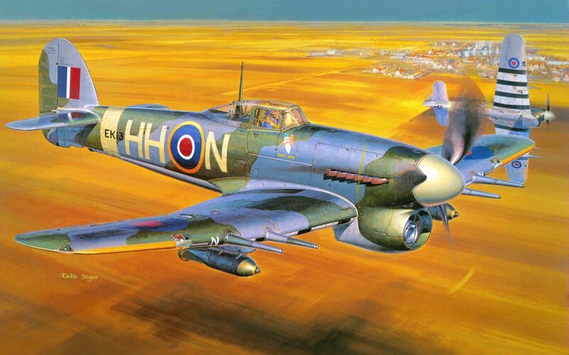 British Fighter Plane — Yellow, Dramatic, Sunset, Illustration