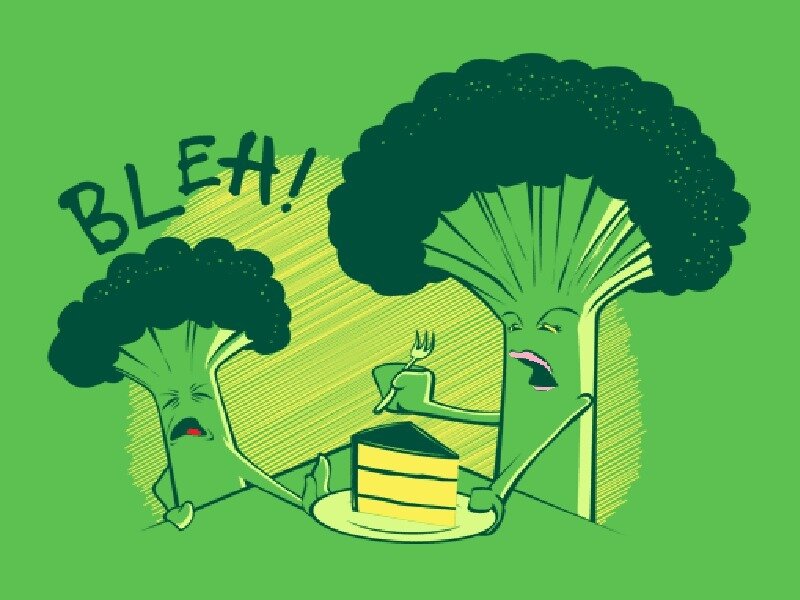 Broccoli characters eating cake