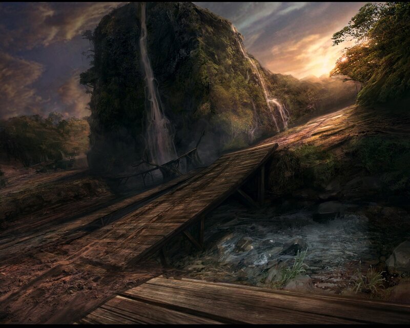 Broken bridge by waterfall