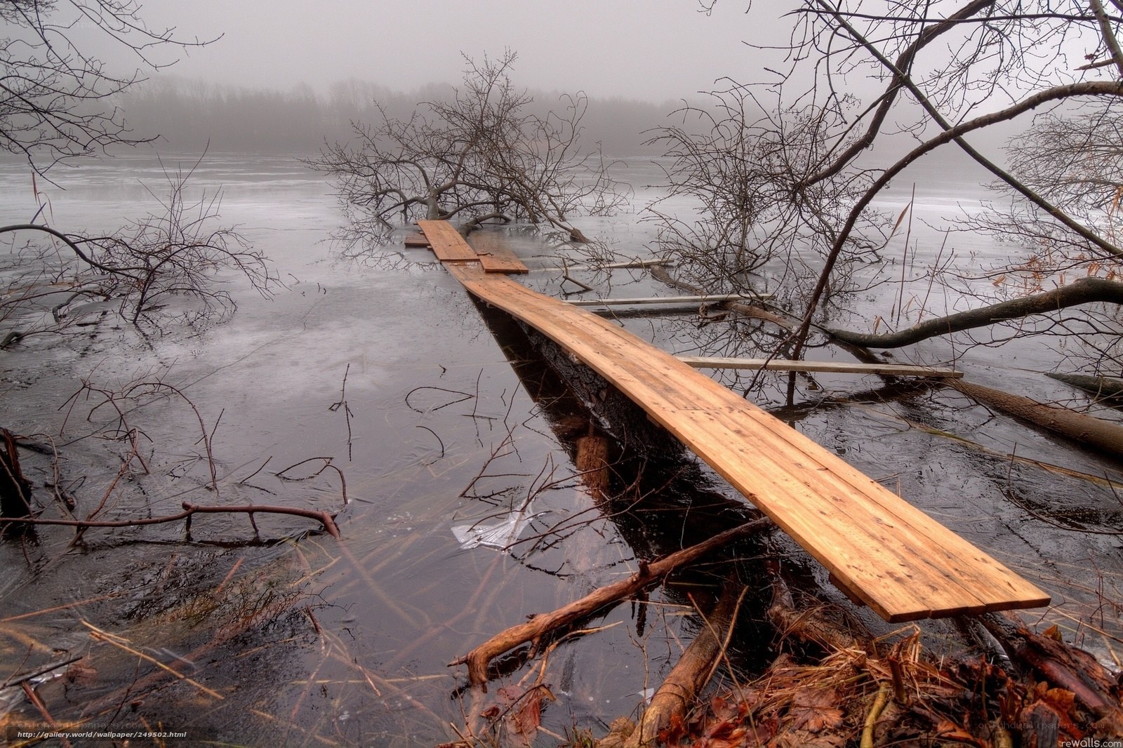 Broken bridge on frozen lake