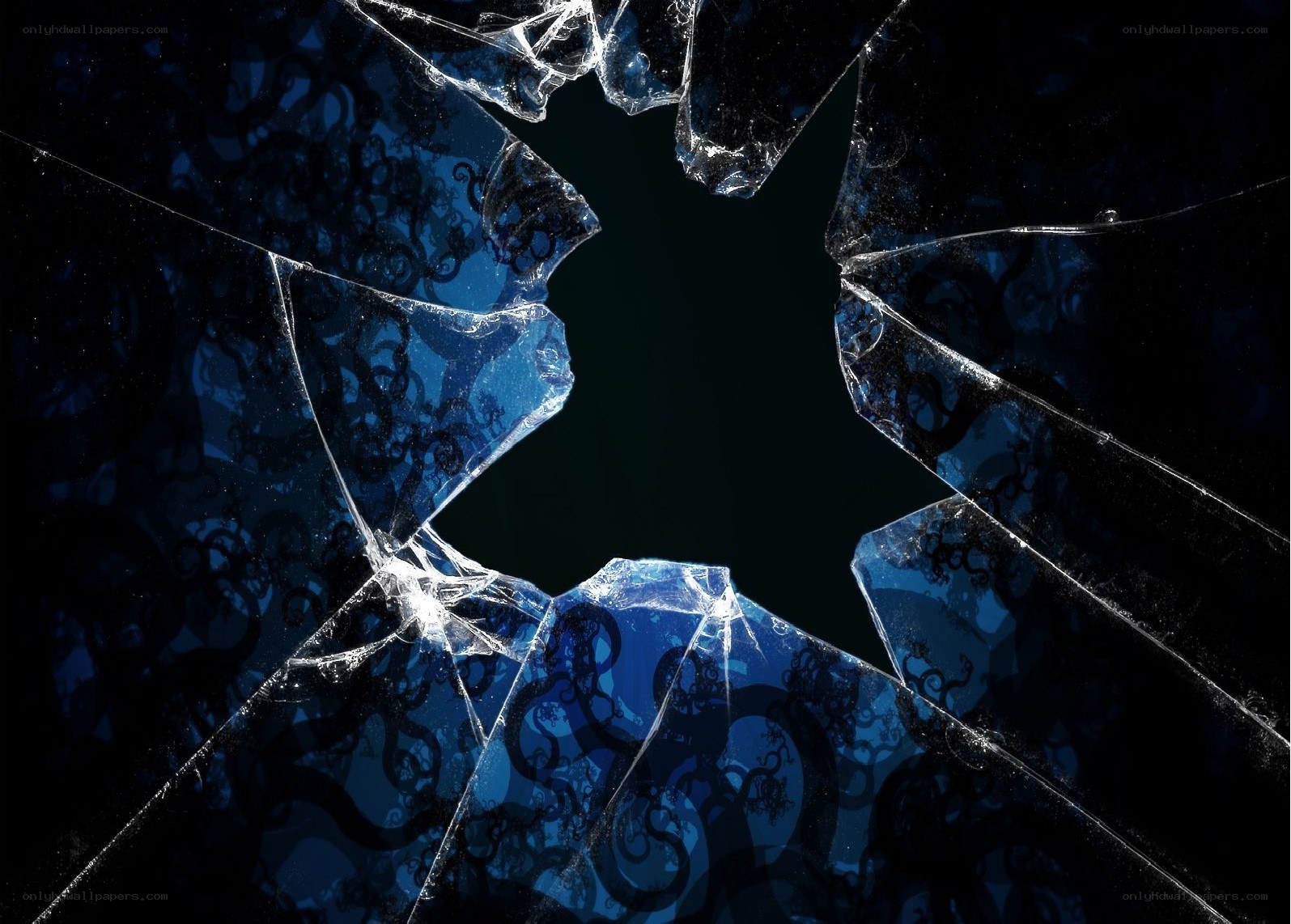 Broken glass with blue pattern