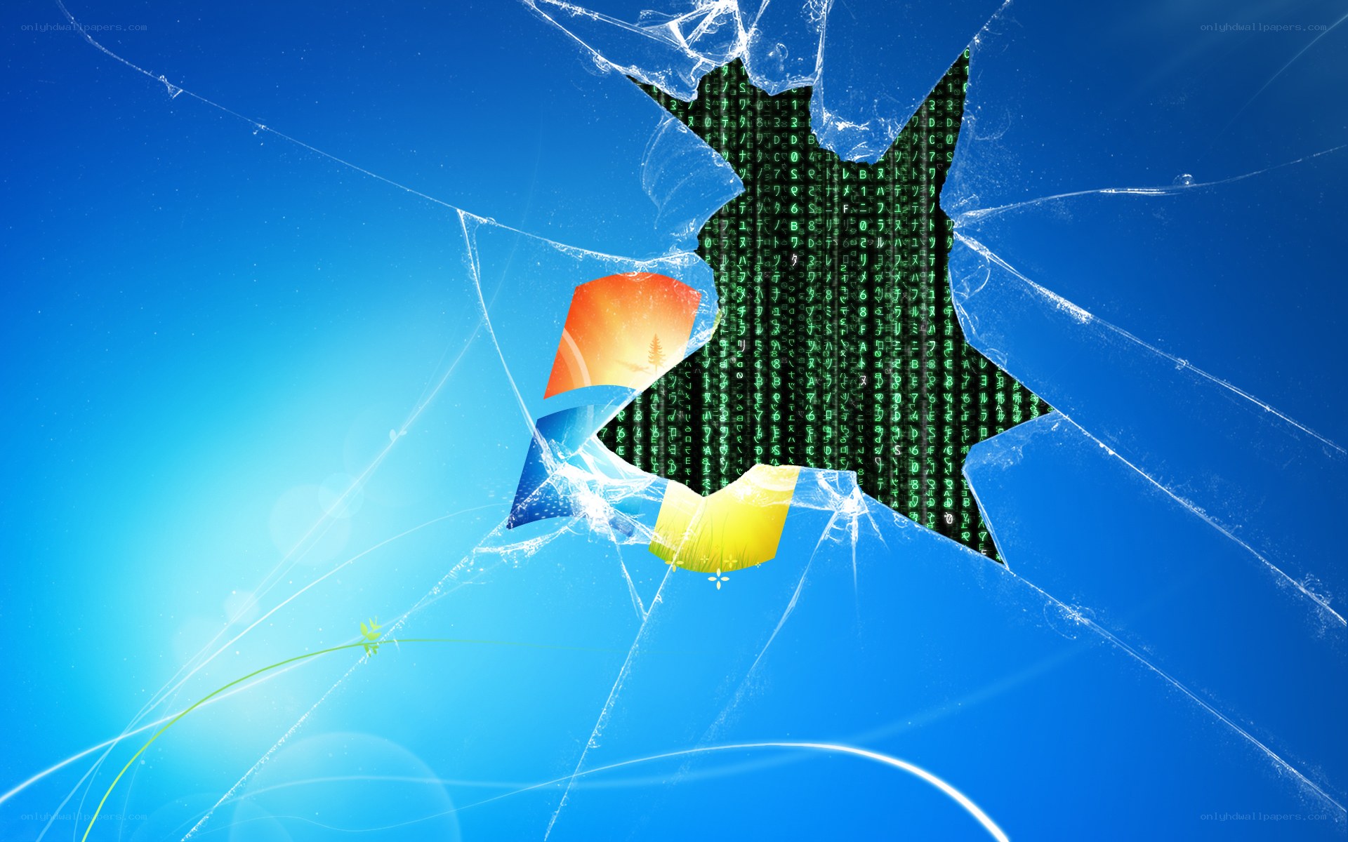 Broken glass with matrix and windows logo
