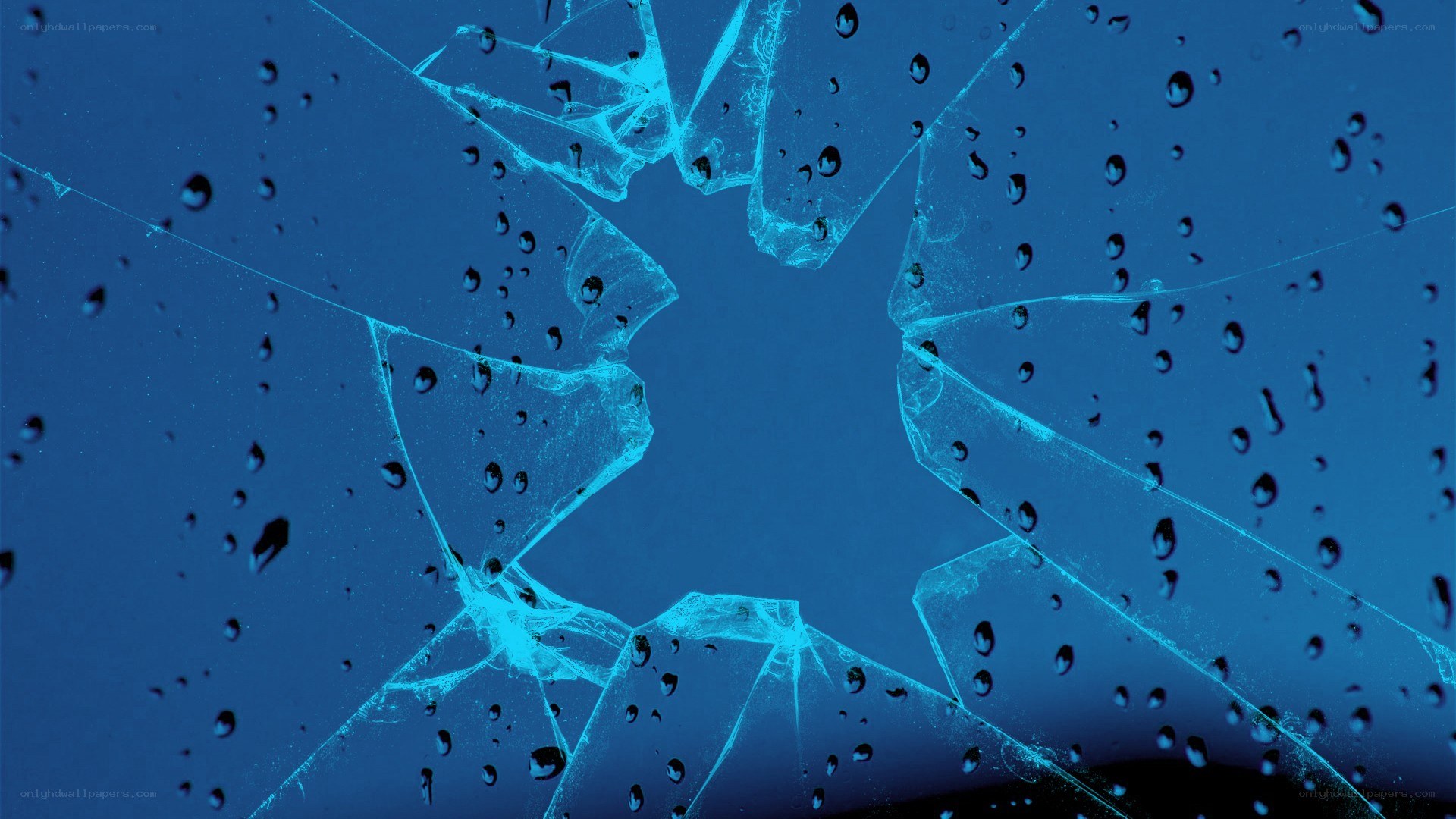 Broken glass with raindrops