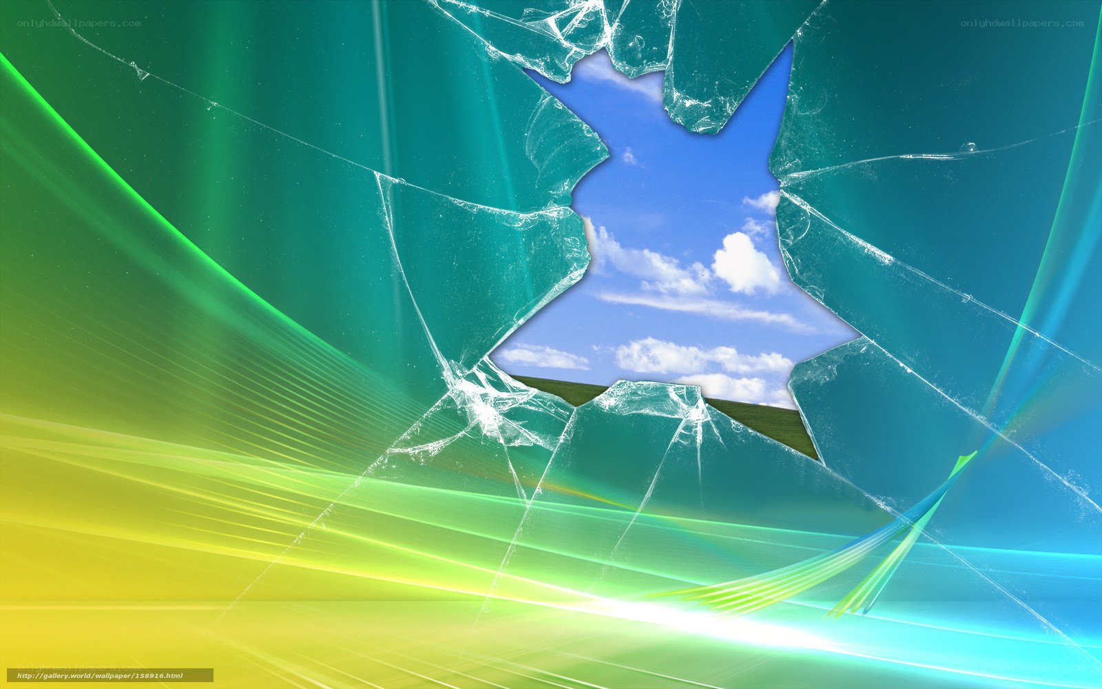 Broken glass with sky view