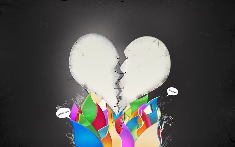 Broken heart with colorful flowers
