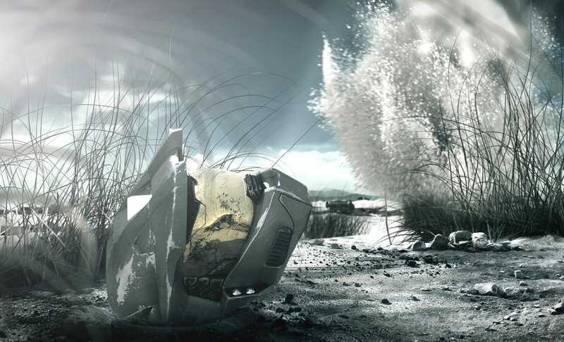 Broken helmet in a desolate landscape