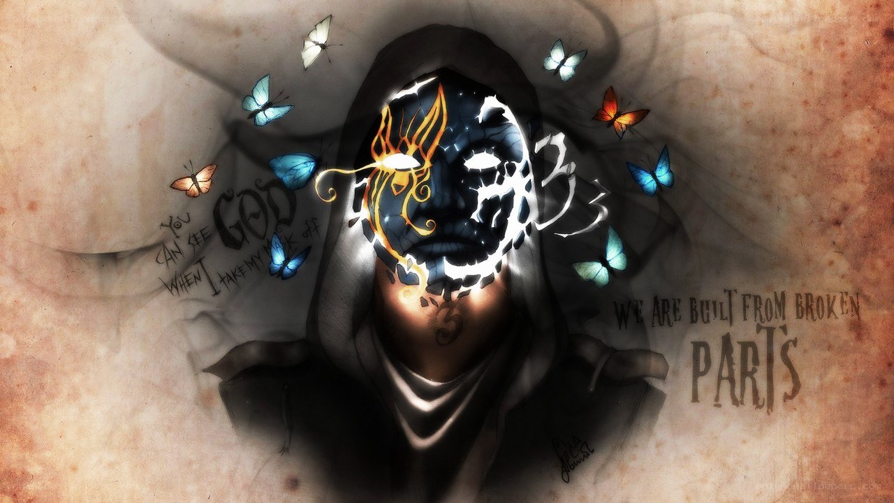 broken mask with butterflies