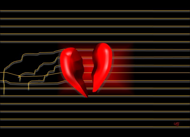 Broken Red Heart — Dramatic, Digital Art, Hand