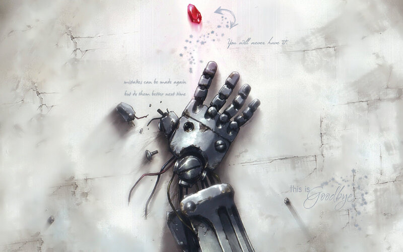 Broken robotic hand on cracked surface