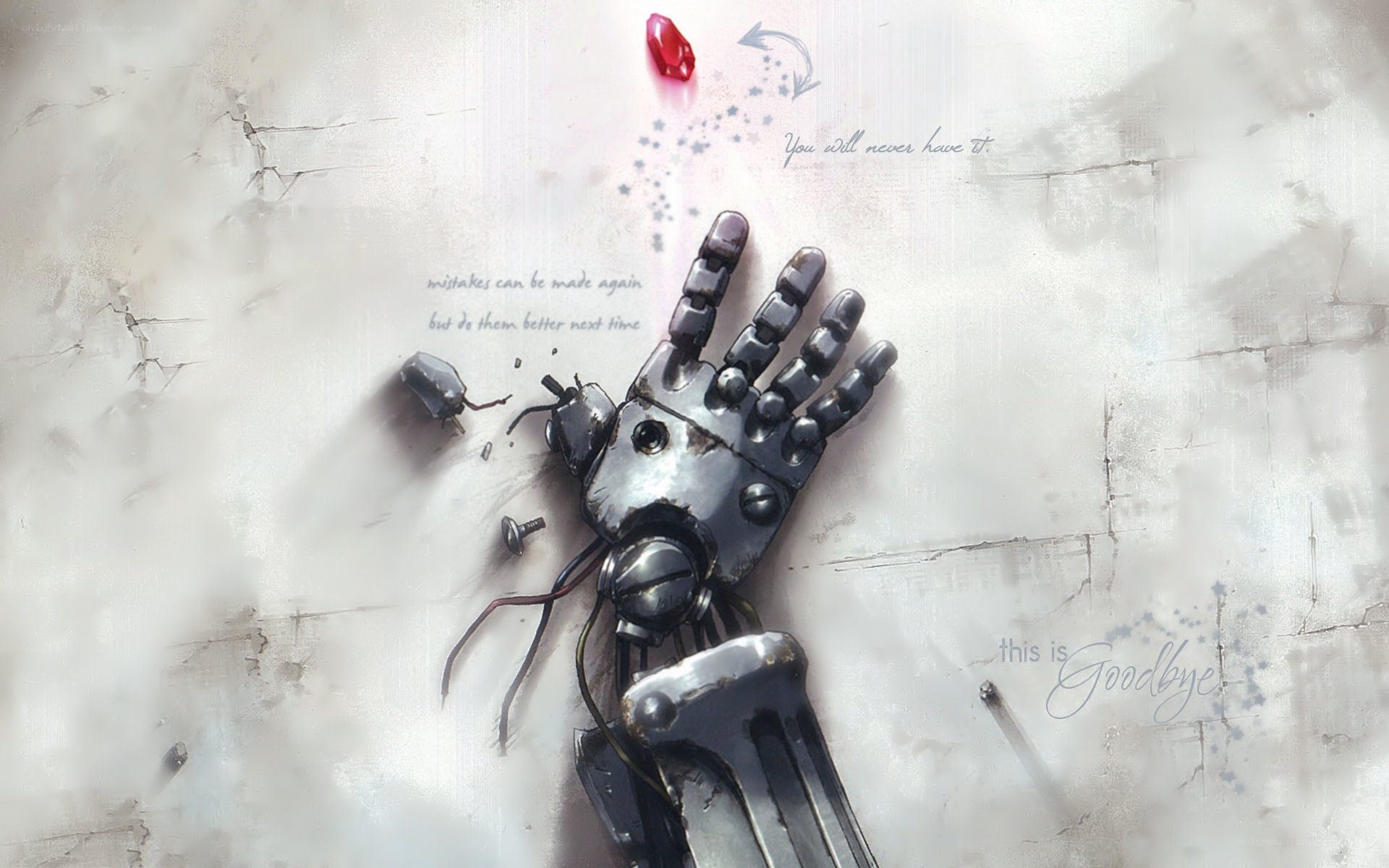 Broken robotic hand on cracked surface