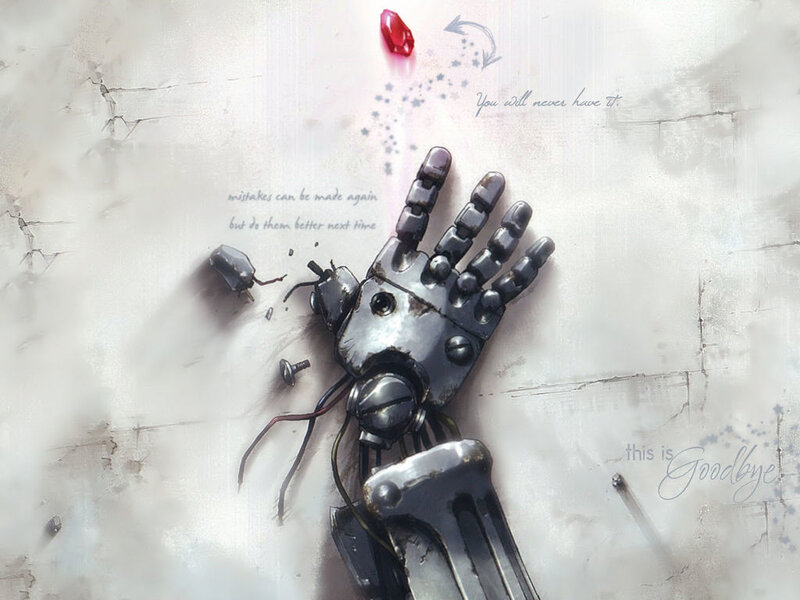 Broken robotic hand on cracked surface